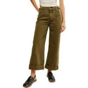 We The Free Olive Green Cotton Palmer Cuffed Wide Leg Jeans Dark Wash Size 28